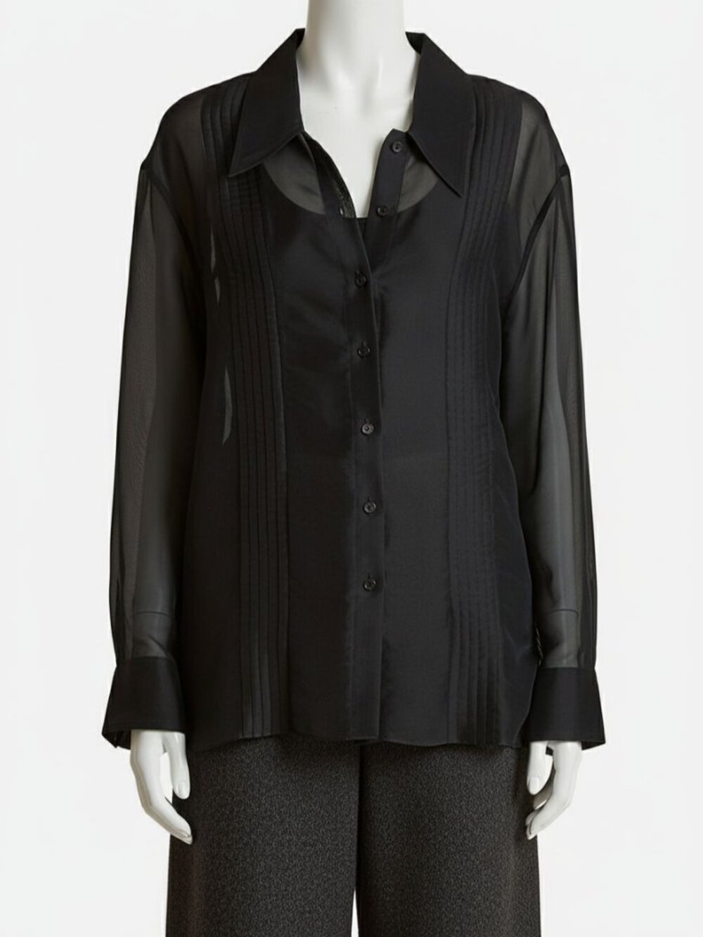 Khaite Women's Black Silk Organza Italian Collar Nori Button-Up Shirt Top Size 4